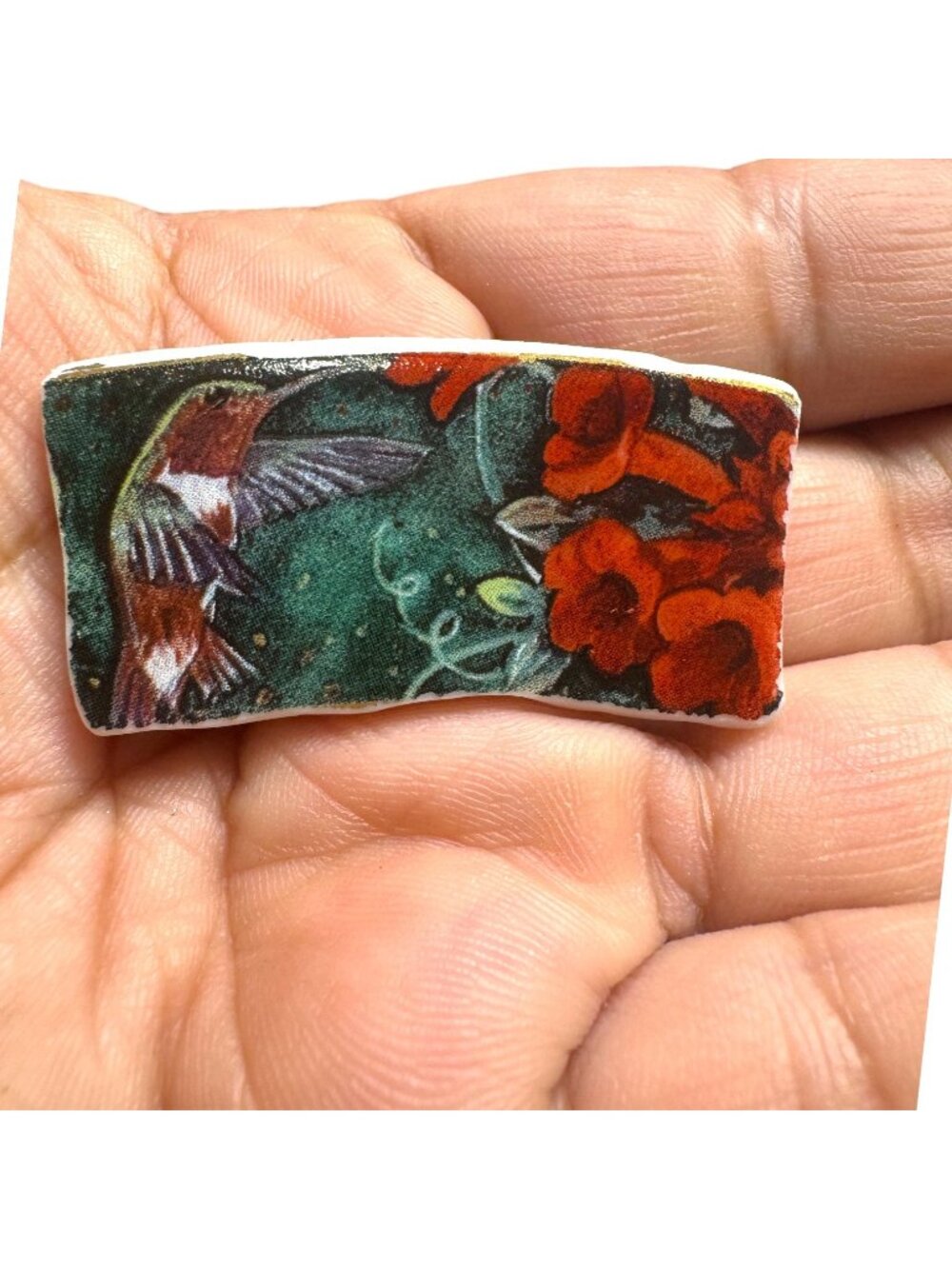 Lena Liu Hummingbird Broken China Pendant  Bezel Red & Green Quartz Necklace - Picture 5 of 14